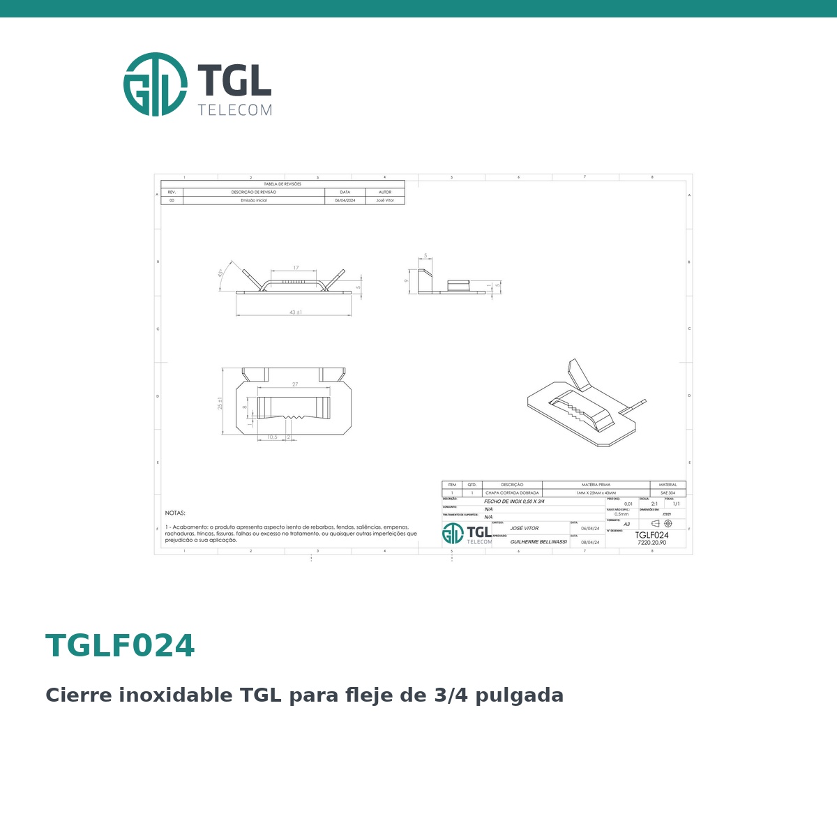 Cierre inoxidable TGL para fleje de 3/4 pulgada